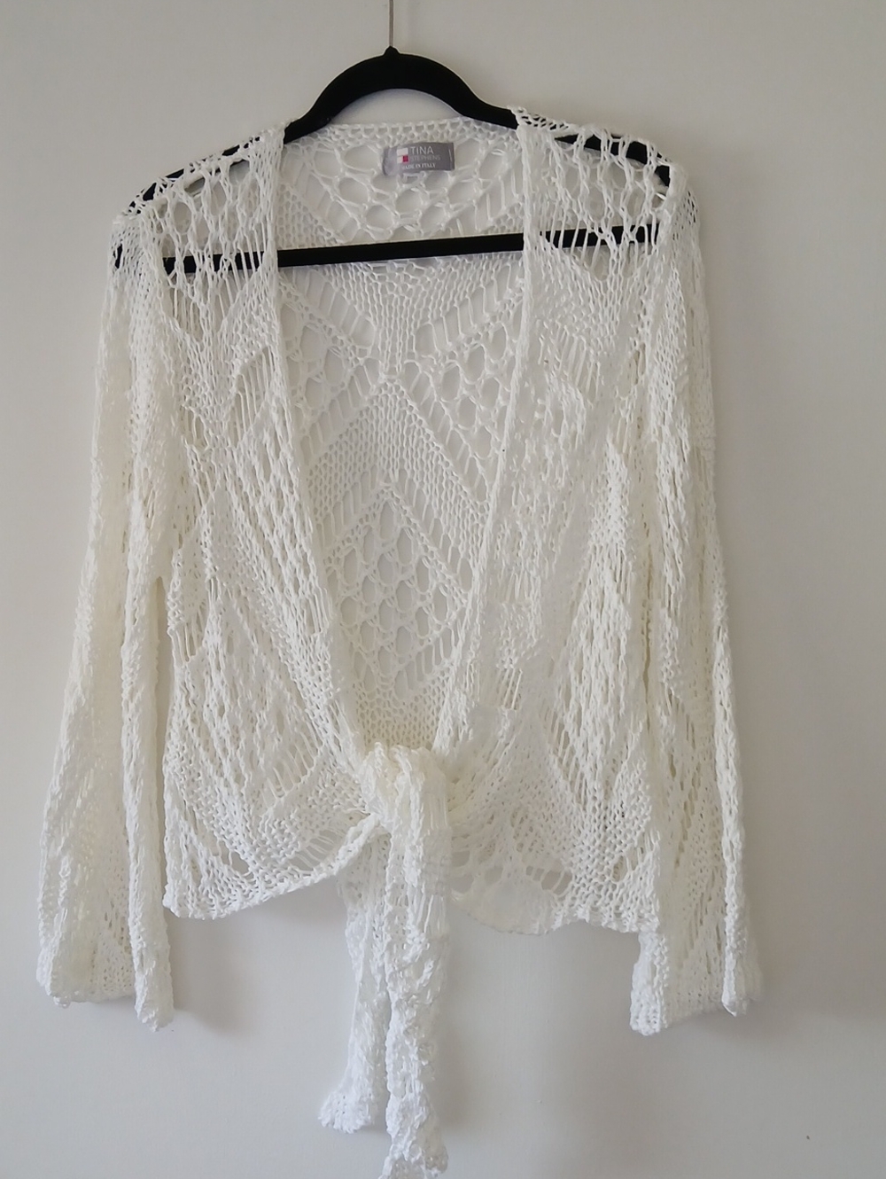Tina Stephens Made In Italy White  Open-Weave Tie-Front Cardigan Nwot
